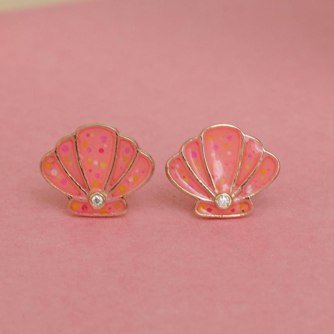 Kids Seashell Diamond Stud Earrings, 14k Solid Gold With Enameling, Natural Diamonds, Kids jewelry, Gift for toddlers/girls