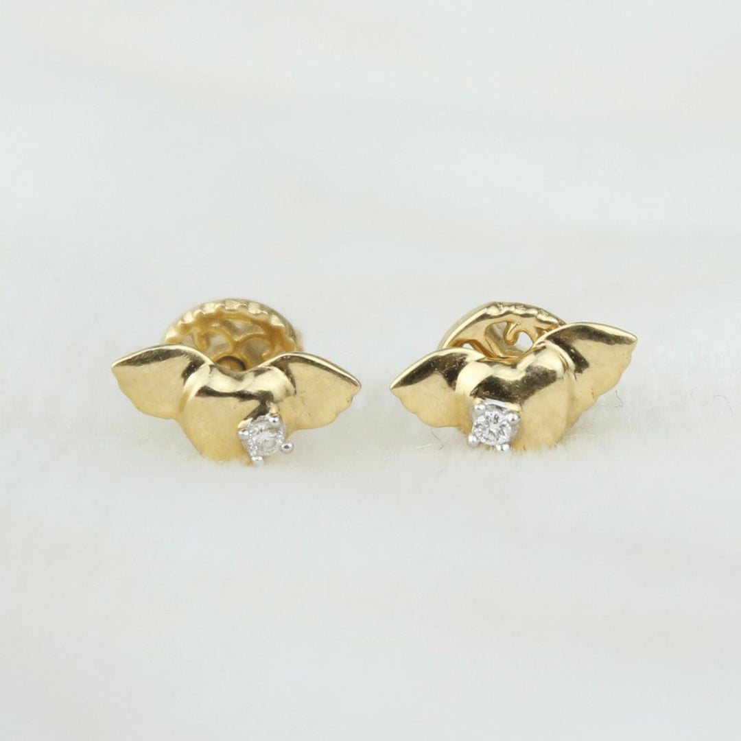 Kids Winged Heart Diamond Stud Earrings, 14k Solid Gold, Natural Diamonds, Angel Jewelry, Gift for toddlers/girls/kids