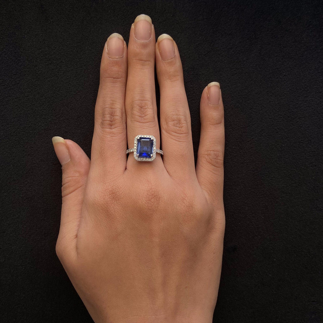 Blue Sapphire Halo Diamond Ring, 14k Solid Gold, Natural Diamonds, Emerald Cut Gemstone Ring, Engagement Ring, Ready To Ship