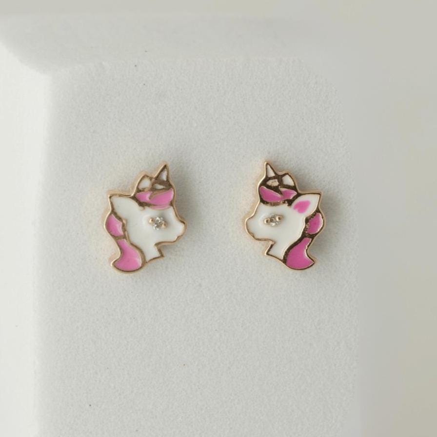 Unicorn Diamond Stud Earrings, 14k Solid Gold, Natural Diamond, Pink Enamel Everyday Earring, Gift For Toddler/Kids/Girls, Ready To Ship