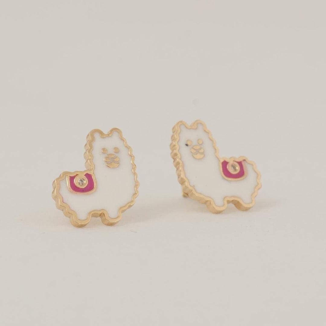 Kids Llama Diamond Earrings, 14k Solid Gold, Natural Diamonds, Enamel Animal Studs, Gift for toddlers/girls/kids, Ready To Ship