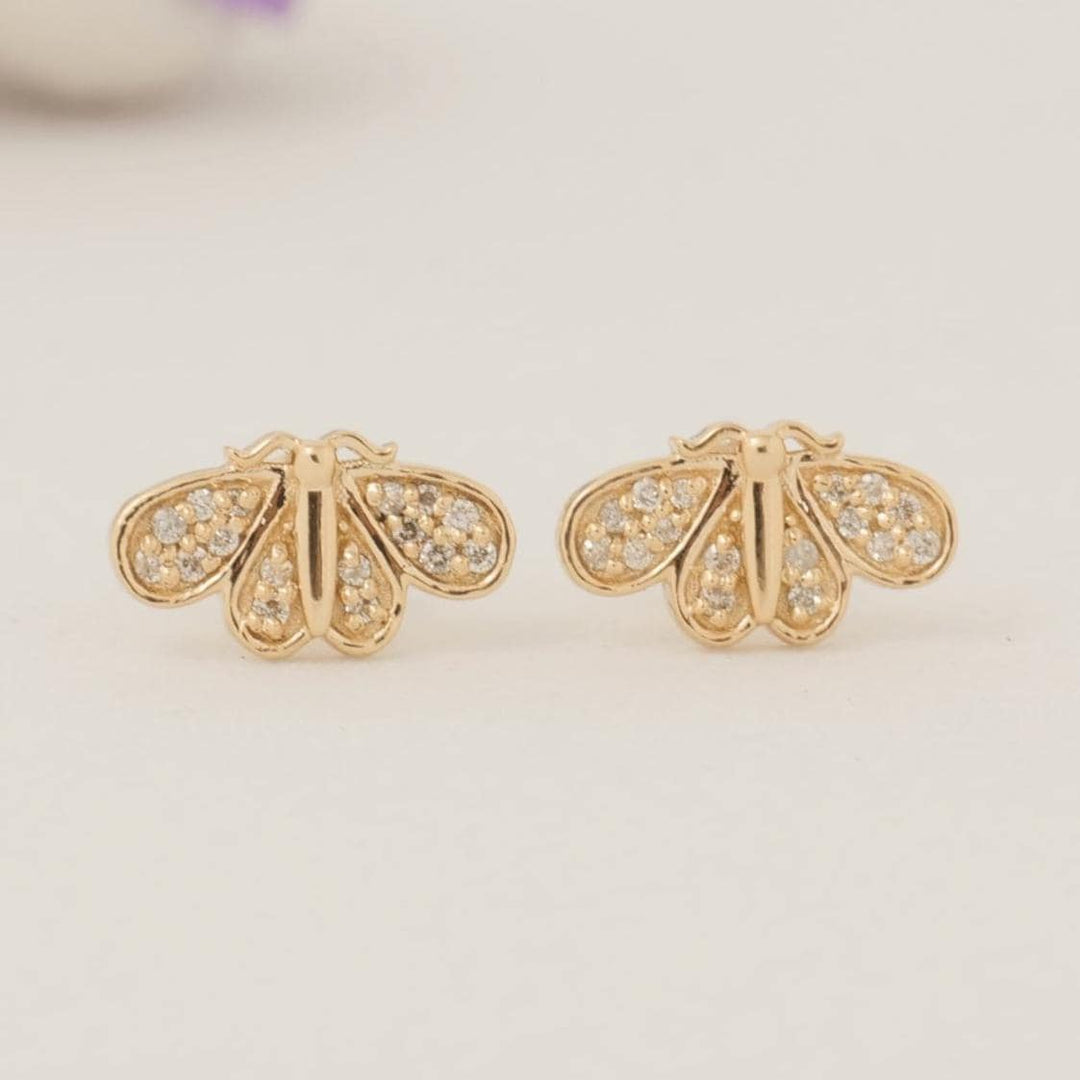 Bee Diamond Kids Earrings, 14k Solid Gold, Natural Diamonds, Insect Animal Jewelry, Gift for Toddlers/girls, Ready To Ship, HRD Certified