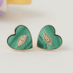 Load image into Gallery viewer, Kids Malachite Heart Diamond Earrings, 14k Solid Gold, Natural Diamonds, Everyday Studs, Gift for Girls/Kids/Toddlers, Ready To Ship