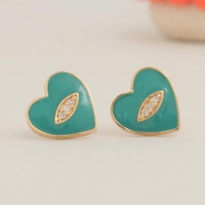 Kids Heart Earrings, 14k Solid Gold, Natural Diamonds, Enamel Studs, Kids Everyday Jewelry, Gift for toddlers/girls, Ready To Ship