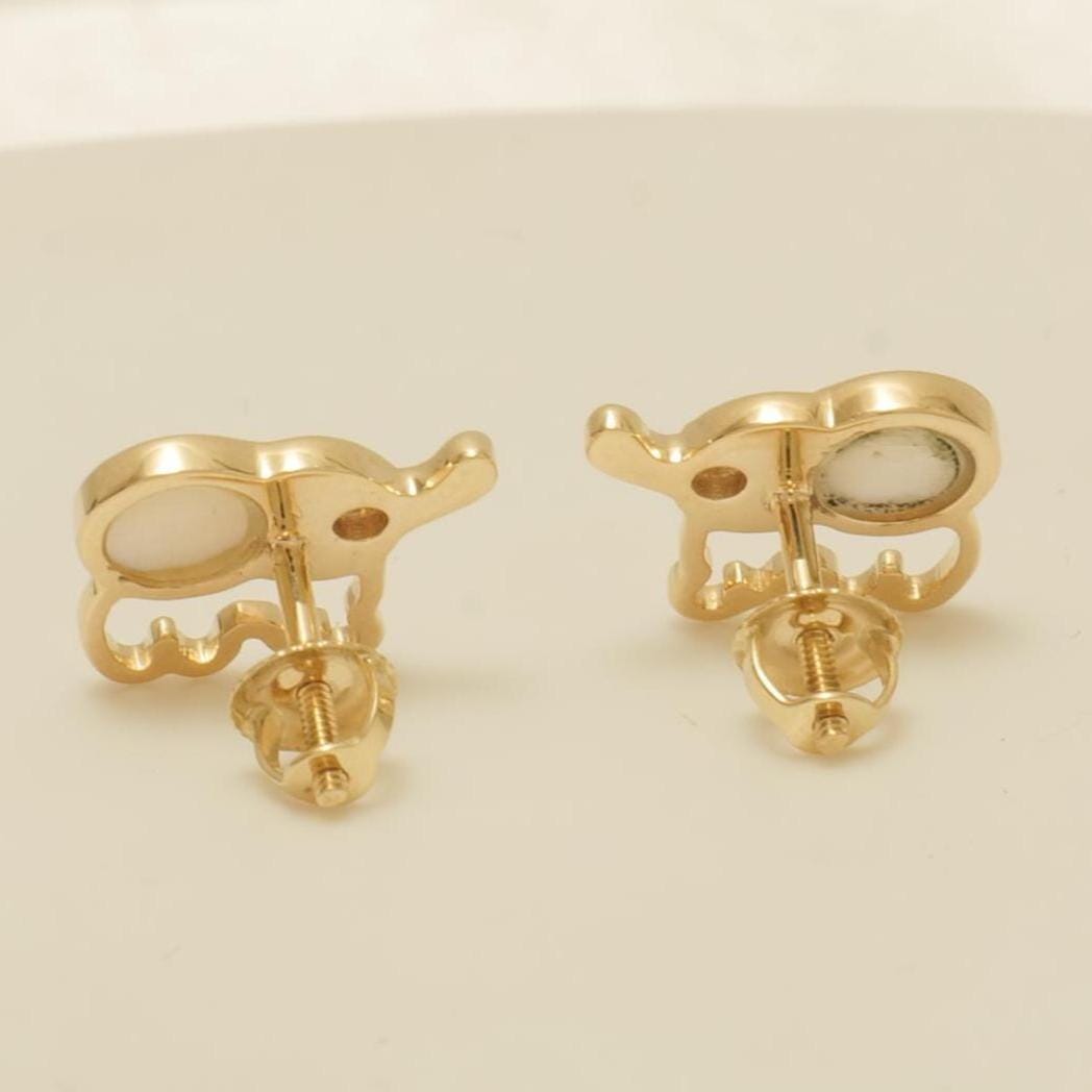 Kids Elephant Diamond Earrings, 14k Solid Gold, Natural Diamonds, Mother of Pearl Jewelry, Everyday Gift for toddlers/girls, Ready To Ship