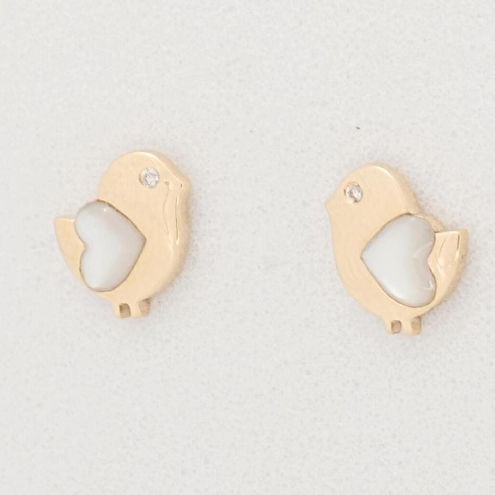 Kids Bird Diamond Earrings, Mother of Pearl Studs, 14k Solid Gold, Natural Diamonds, Gift For Toddlers/Girls, Ready To Ship, HRD Certified
