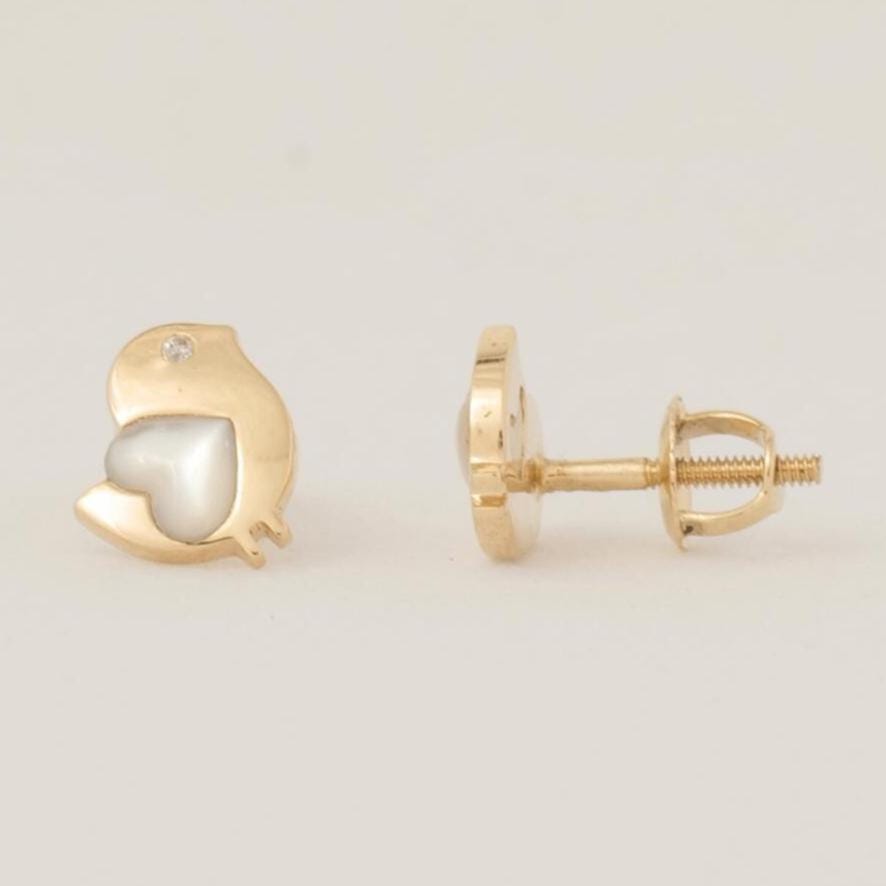 Kids Bird Diamond Earrings, Mother of Pearl Studs, 14k Solid Gold, Natural Diamonds, Gift For Toddlers/Girls, Ready To Ship, HRD Certified
