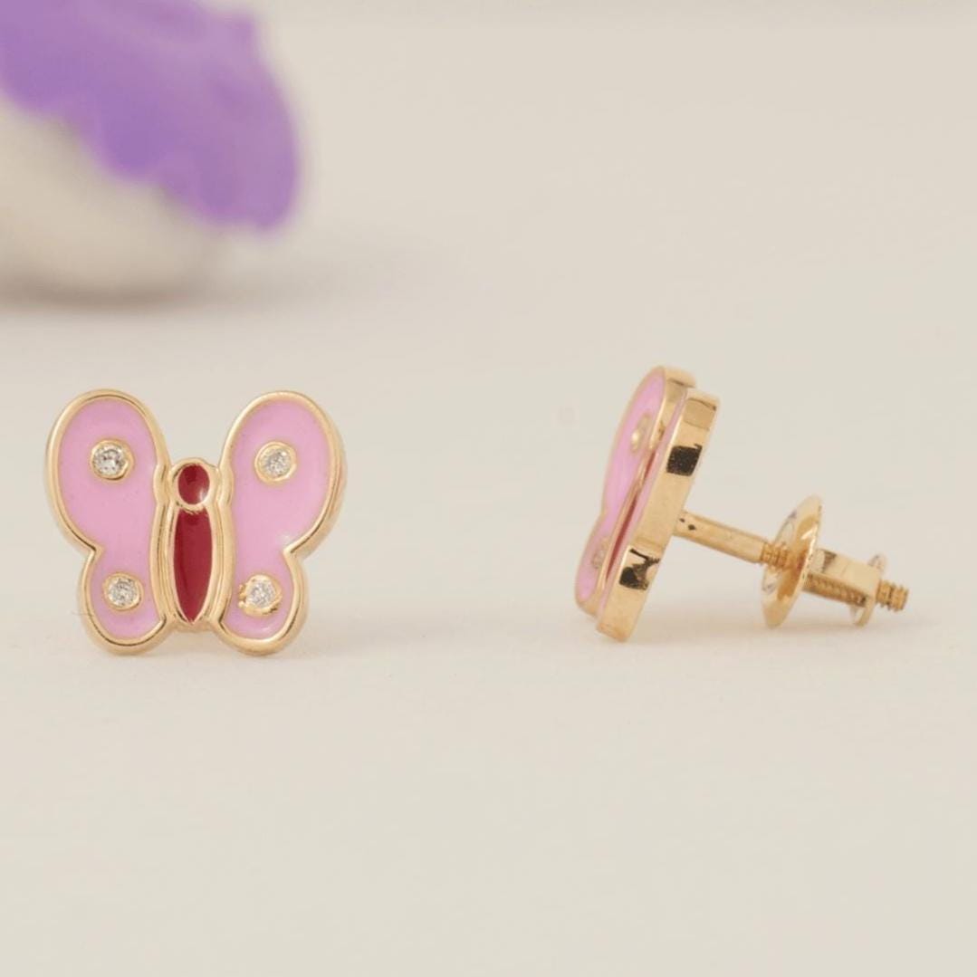 Kids Butterfly Diamond Earrings, 14k Solid Gold, Colorful Enamel Wing Studs, Natural Diamonds, Gift for girls, Ready To Ship, HRD Certified