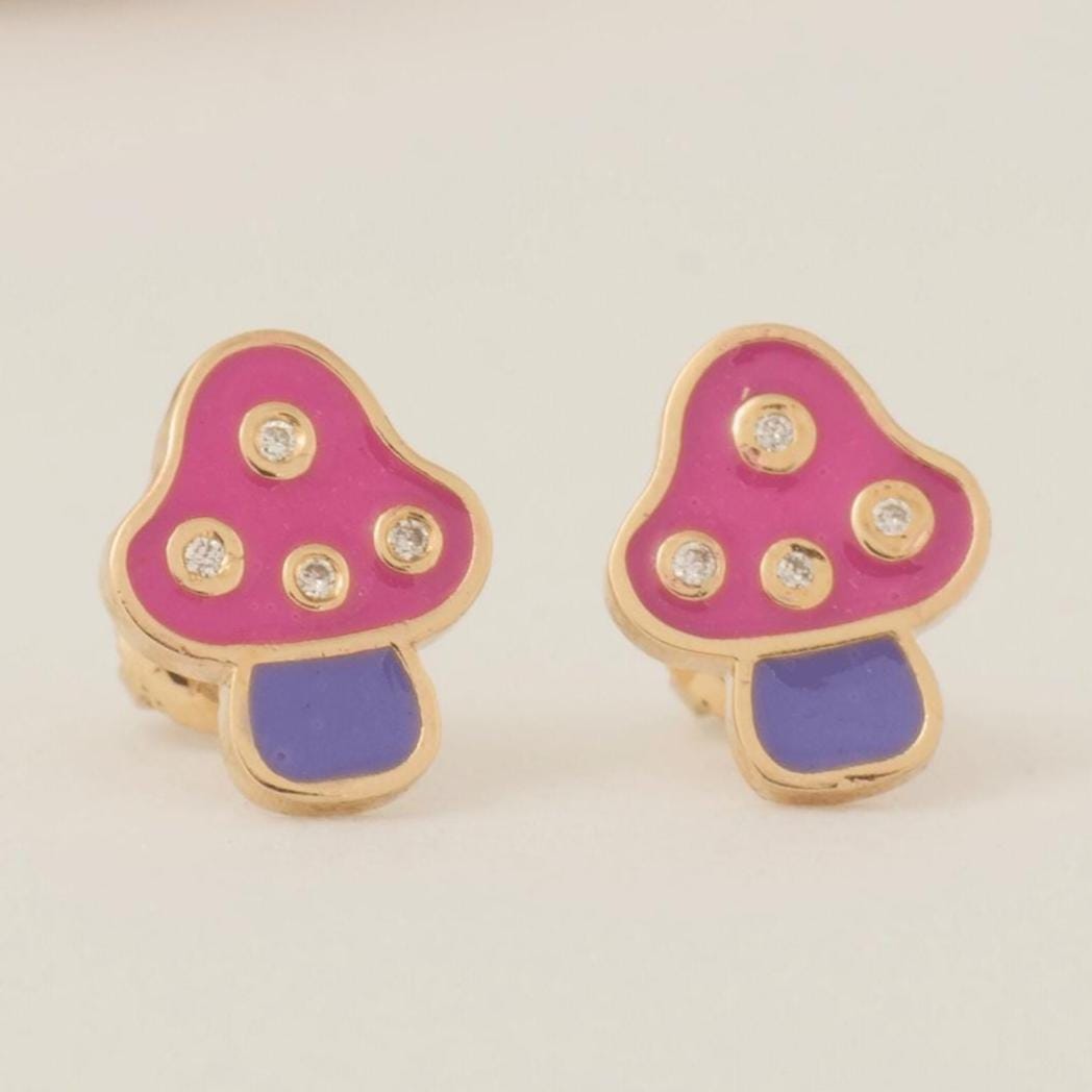 Kids Mushroom Diamond Earrings, 14k Solid Gold, Colorful Enamel Studs, Natural Diamonds, Gift for girls, Ready To Ship, HRD Certified