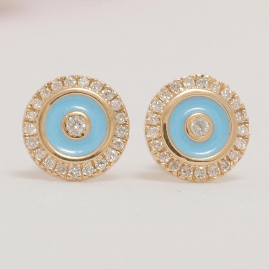 Evil Eye Diamond Kids Earrings, 14k Solid Gold Enamel Studs, Natural Diamond, Everyday jewelry, Gift for girl, Ready To Ship, HRD Certified