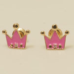 Load image into Gallery viewer, Diamond Crown Kids Earrings, Pink Enamel Studs, 14k Solid Gold, Natural Diamonds, Everyday jewelry, Gift for toddlers/girls, Ready To Ship