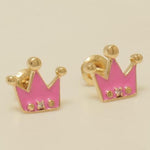 Load image into Gallery viewer, Diamond Crown Kids Earrings, Pink Enamel Studs, 14k Solid Gold, Natural Diamonds, Everyday jewelry, Gift for toddlers/girls, Ready To Ship