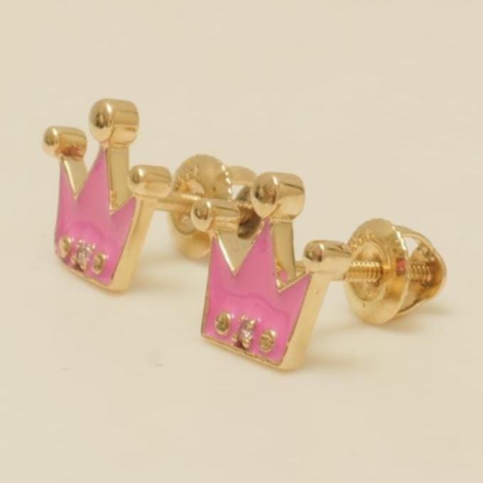 Diamond Crown Kids Earrings, Pink Enamel Studs, 14k Solid Gold, Natural Diamonds, Everyday jewelry, Gift for toddlers/girls, Ready To Ship