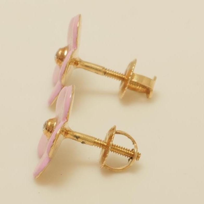Diamond Flower Kids Earrings, Pink Enamel Floral Studs, 14k Solid Gold, Natural Diamonds, Gift for toddlers/girls/kids, Ready To Ship