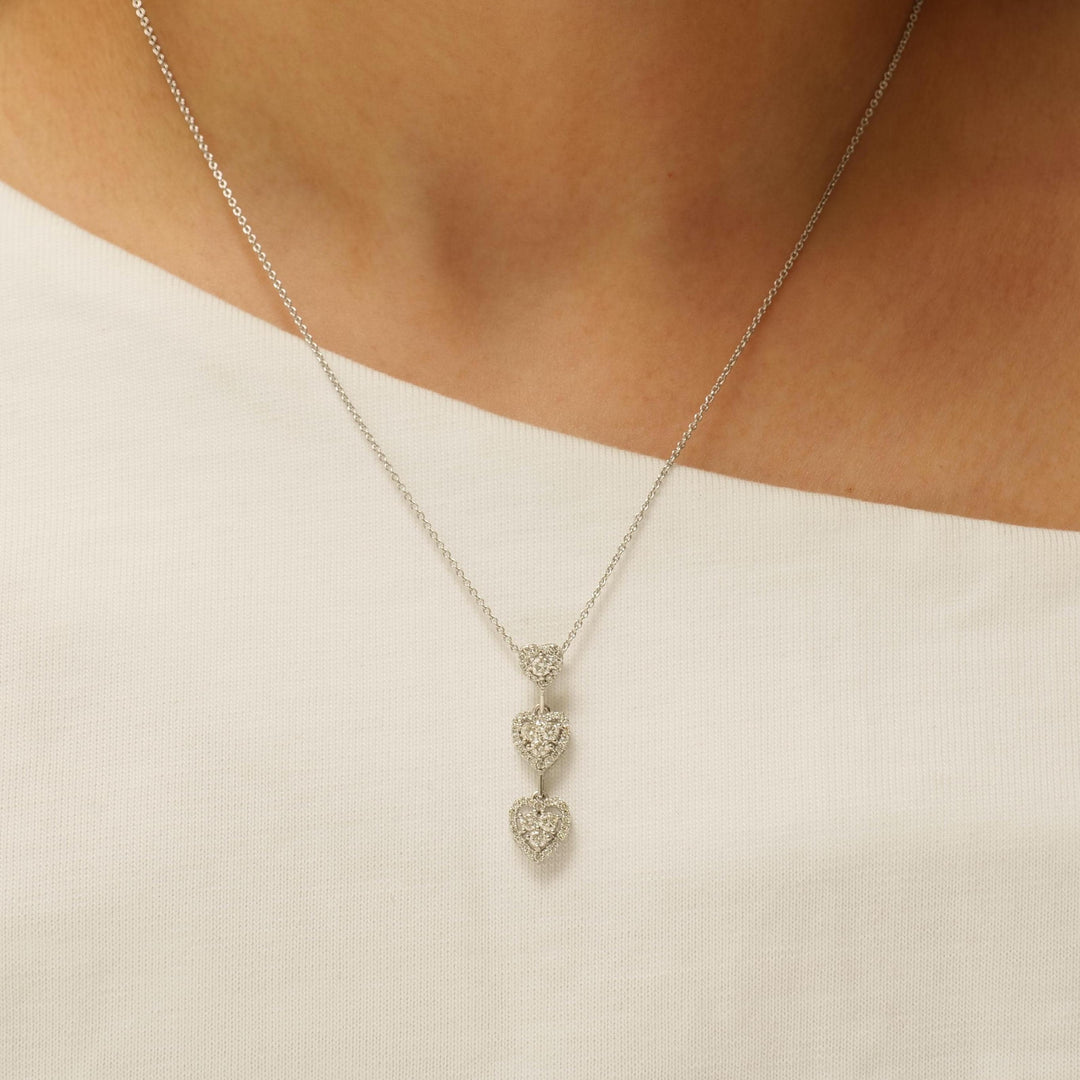 Three Heart Diamond Pendant, 14k Solid Gold, Natural Diamond, Halo Cluster Setting, Drop Necklace, Everyday Staking Necklace, Gift For Her