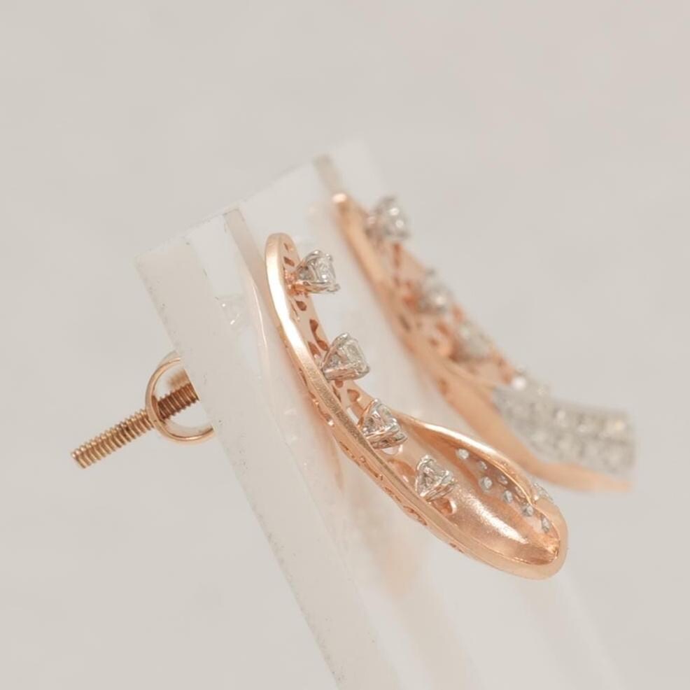 Floral Diamond Stud Earrings, 14k Solid Gold, Natural Diamonds, Filigree Curved Leaf, Swirl Statement Earrings, Gift for Her