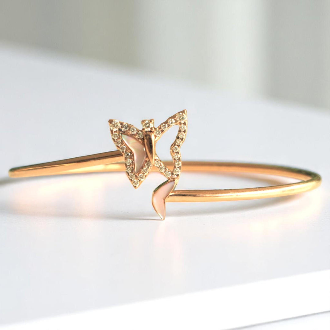 Butterfly Diamond Cuff Bracelet, 14k Solid Gold, Natural Diamonds, Mother Of Pearl Bangle, Prom Bracelet, Statement Minimalistic Jewelry
