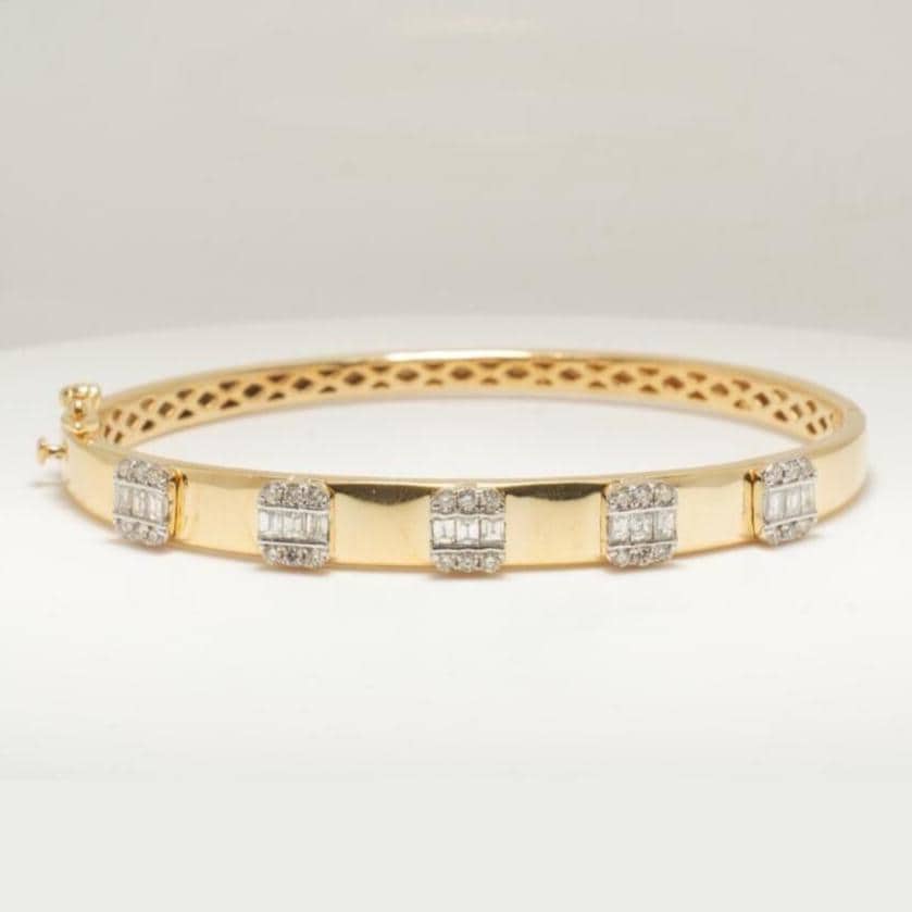 Bar Diamond Bangle Bracelet, 14k Solid Gold, Natural Diamonds, Baguette Illusion Set Cuff, Geometric Cluster Statement Bracelet