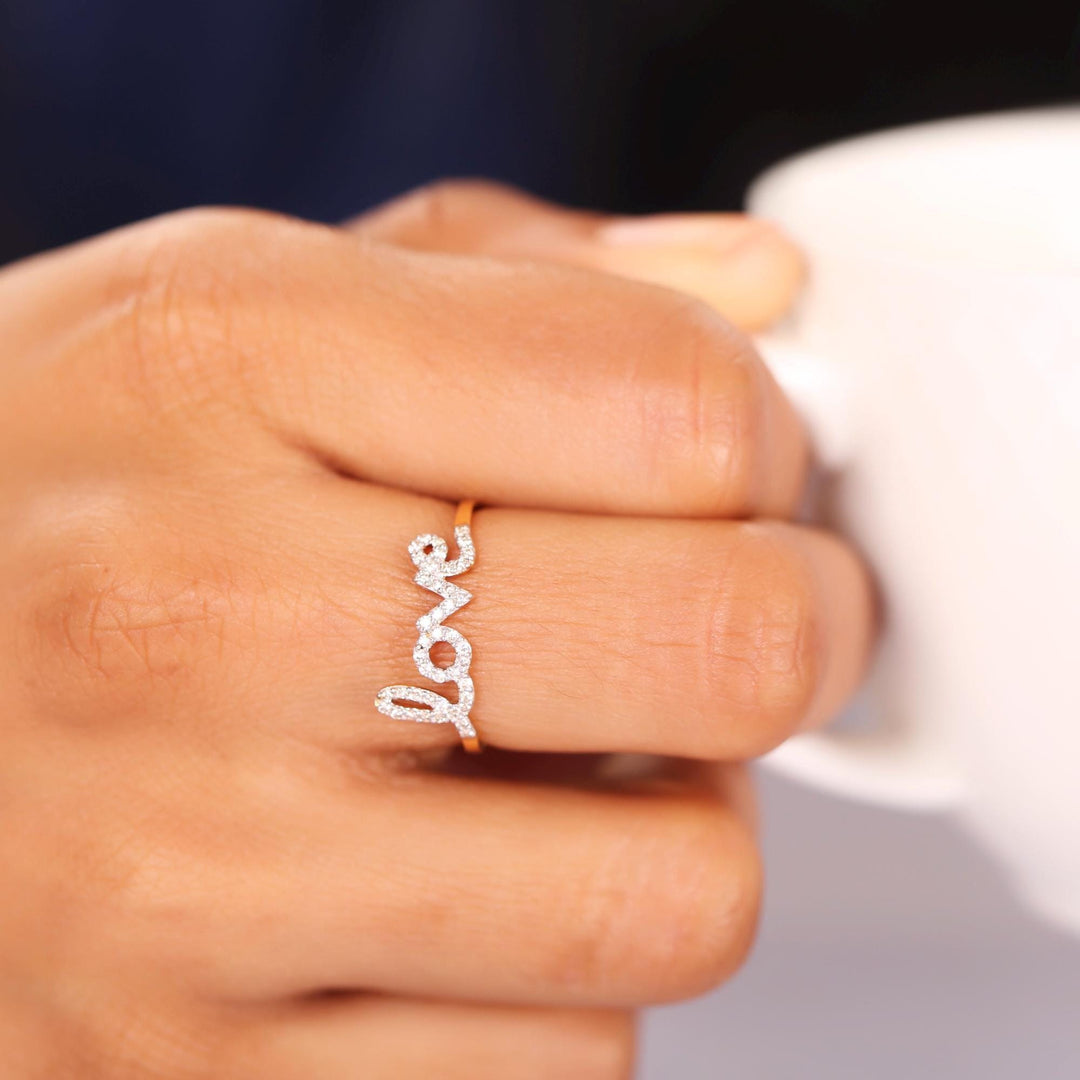 Love Diamond Handwritten Ring, 14K Solid Gold, Natural Diamonds, Script Proposal Ring, , Everyday Jewelry Gift For Her