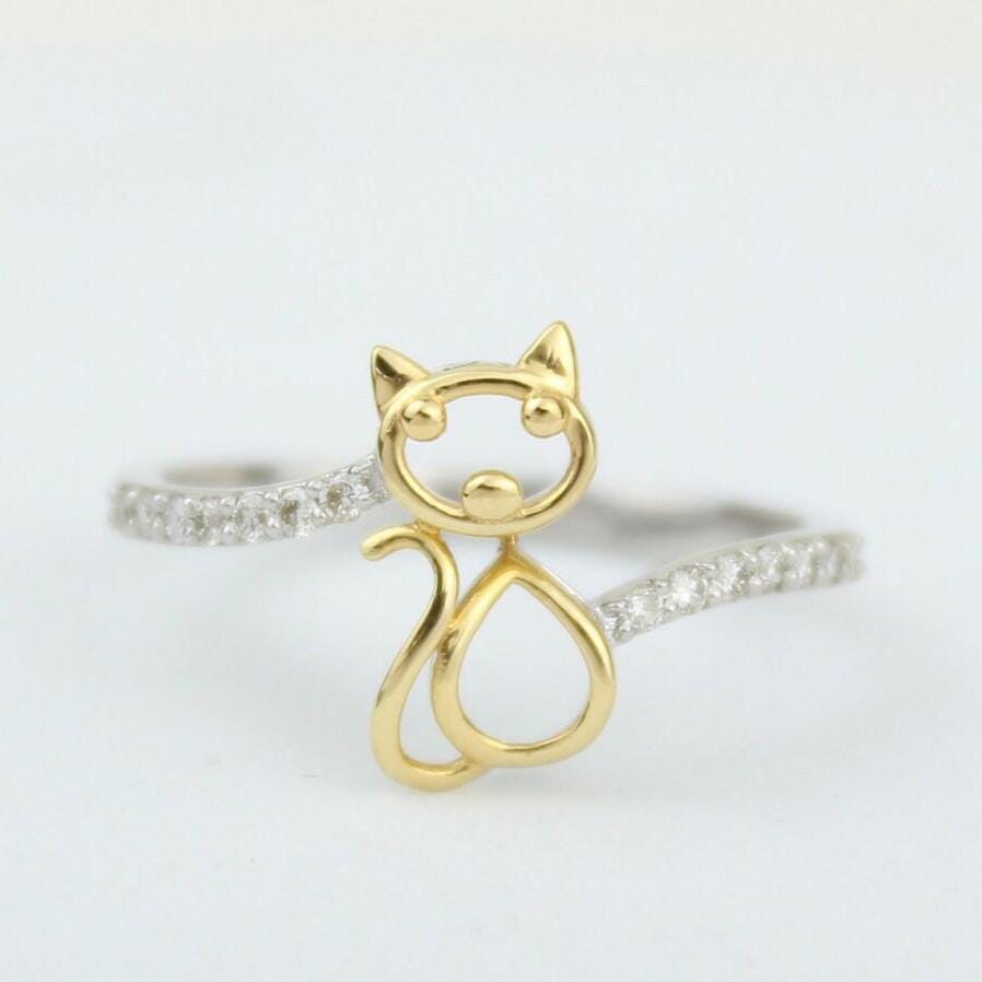 Cat Diamond Ring, Animal Ring, 14k Solid Gold, Natural Diamonds, , Minimalist Kitty Ring, Everyday Jewelry Gift For Her
