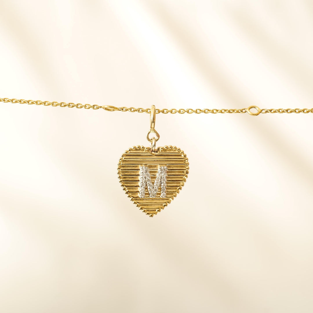 Heart Initial Diamond Charm, 14k Solid Gold, Natural Diamond, Everyday Staking Personalised Jewelry, Textured Letter Necklace, Ready To Ship
