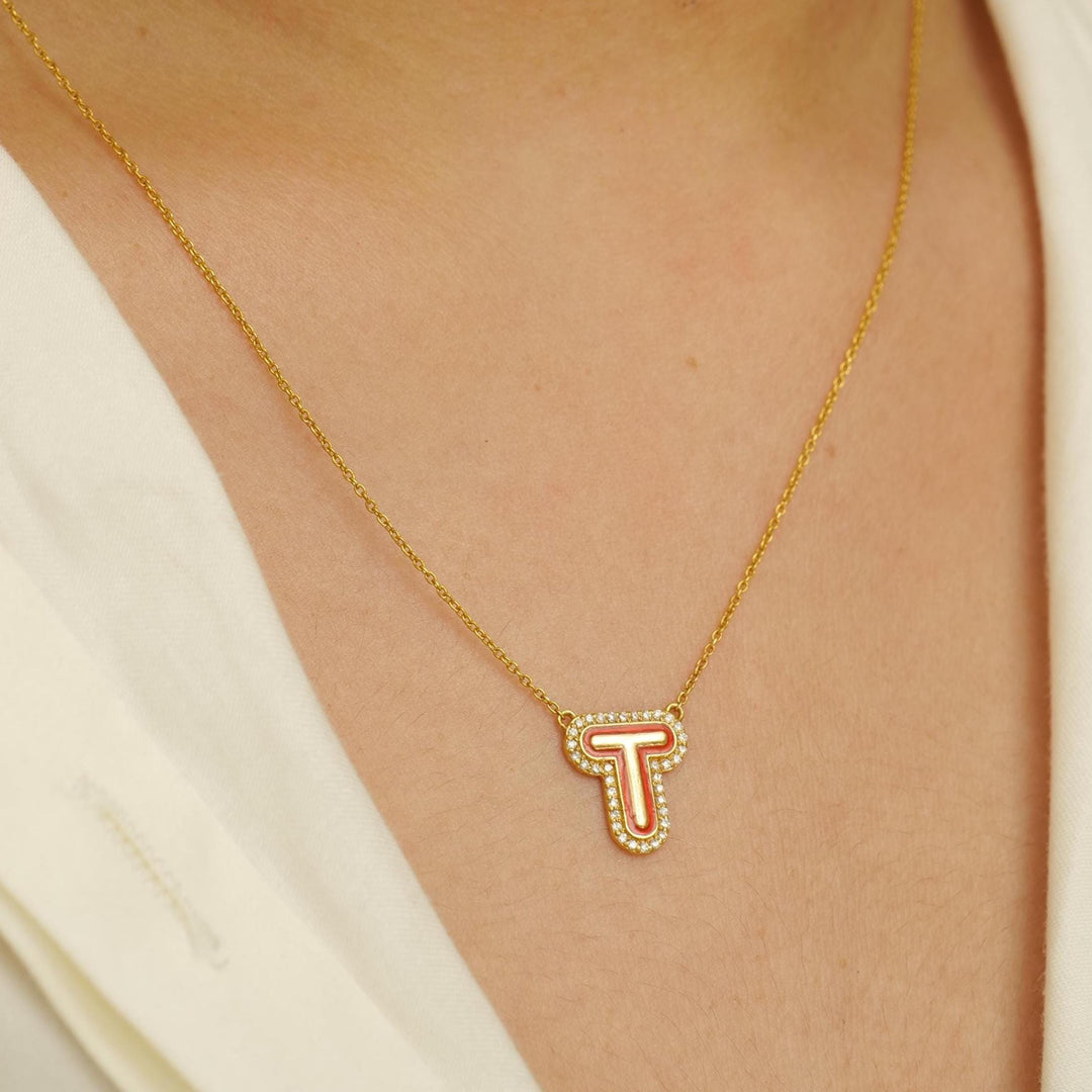 Personalized Initial Halo Diamond Enamel Necklace, 14k Solid Gold, Natural Diamonds, Minimalist Custom Jewelry, Everyday Layering Jewelry