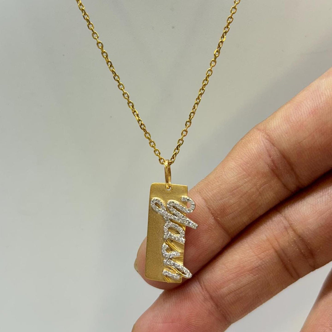 Personalized Nameplate Diamond Pendant Necklace, 14k Solid Gold, Natural Diamonds, Custom Name Stacking Jewelry, Minimalist Letter Necklace,