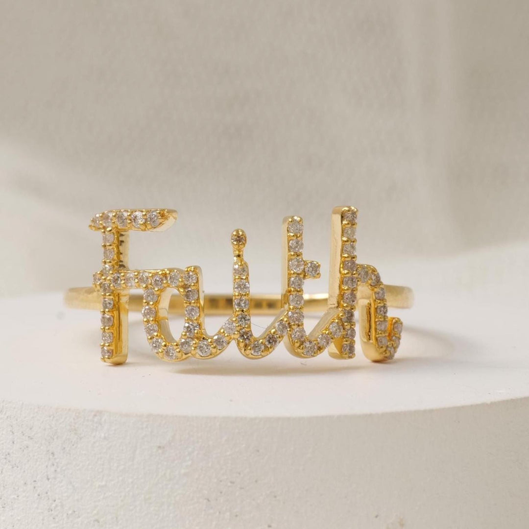 Faith Script Diamond Ring, 14K Solid Gold, Natural Diamonds, Statement Inspirational Jewelry, Word Name Ring, Personalized Minimalistic Band