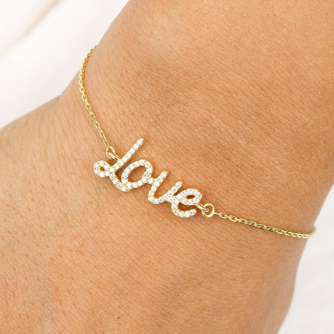 Love Chain Diamond Bracelet, 14k Solid Gold, Natural Diamonds, Inspirational Name Jewelry, Handcrafted Everyday Wear, Minimal Word Bracelet