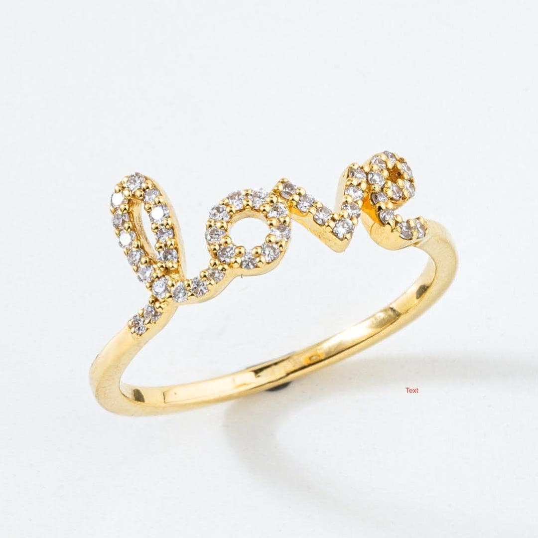 Love Script Diamond Ring, 14K Solid Gold, Natural Diamonds, Statement Inspirational Jewelry, Word Stackable Ring, Minimal Personalized Band