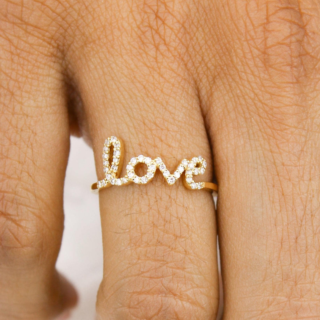 Love Script Diamond Ring, 14K Solid Gold, Natural Diamonds, Statement Inspirational Jewelry, Word Stackable Ring, Minimal Personalized Band