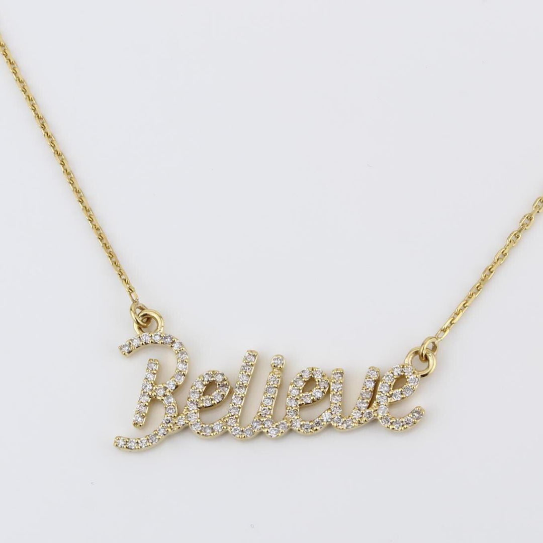 Believe Diamond Necklace, 14k Solid Gold, Natural Diamonds, Handcrafted Word Jewelry, Script Letter Necklace, Minimalistic Everyday Necklace