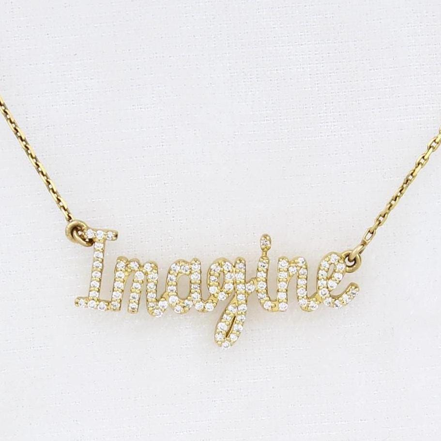Imagine Diamond Necklace, 14k Solid Gold, Natural Diamonds, Script Word Necklace, Inspirational Jewelry, Handcrafted Minimalistic Jewelry