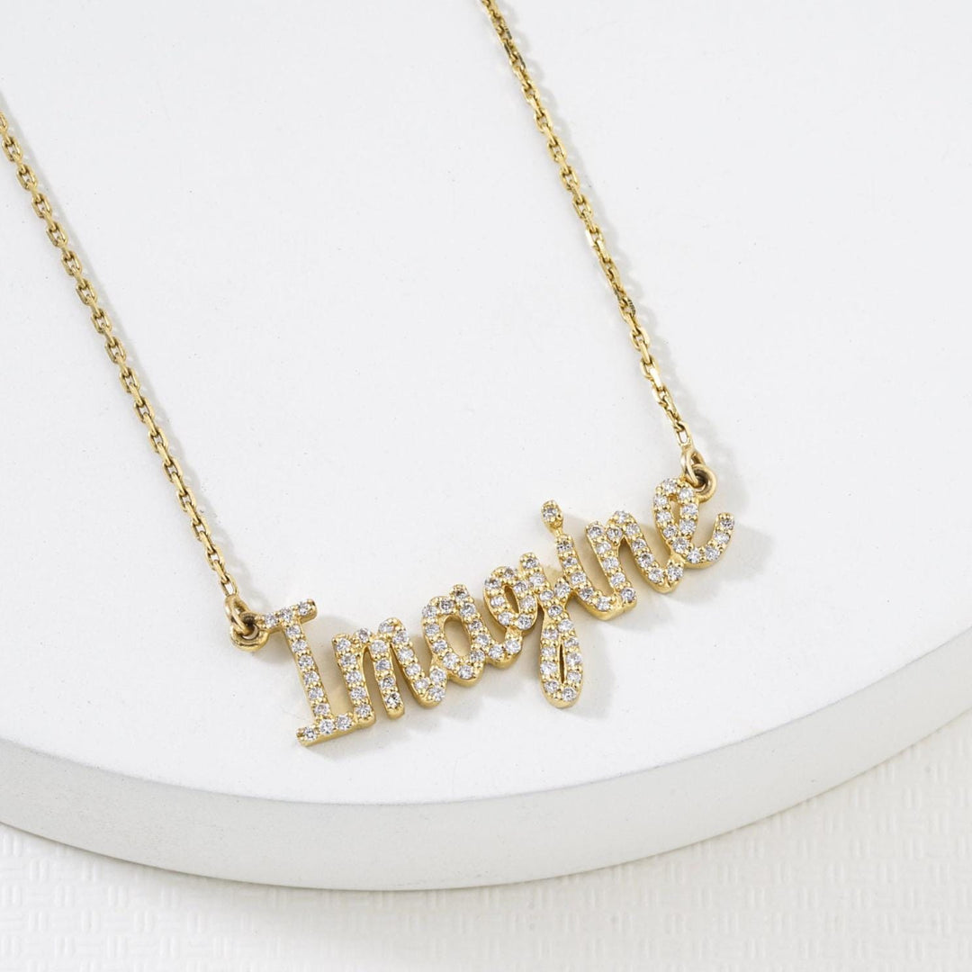 Imagine Diamond Necklace, 14k Solid Gold, Natural Diamonds, Script Word Necklace, Inspirational Jewelry, Handcrafted Minimalistic Jewelry
