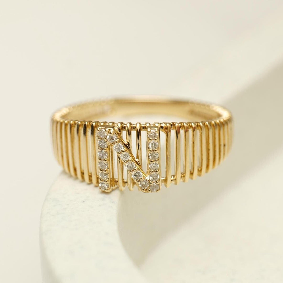 Personalized Initial Letter Diamond Ring, 14k Solid Gold, Natural Diamonds, Lined Cage Bar Band, Custom Jewelry, Minimalist Stackable Band
