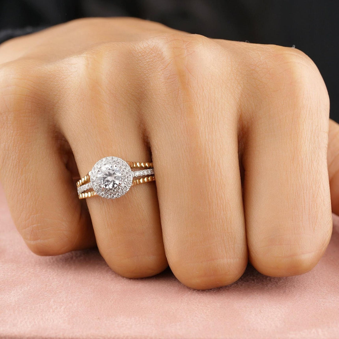 Halo Solitaire Ring, Engagement Diamond Ring, 14k Solid Gold, Natural Diamonds, Triple Shank Band, Dual Tone, Gift For Her