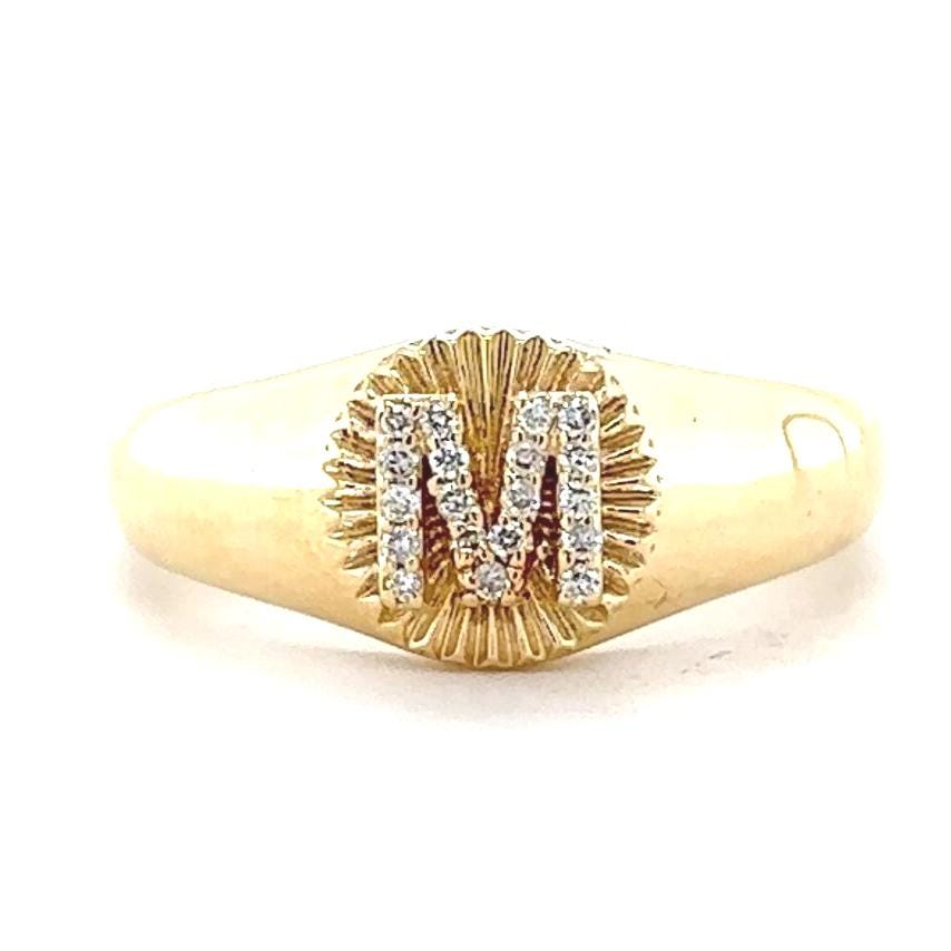Personalized Medallion Initial Diamond Ring, 14k Solid Gold, Natural Diamonds, Flute Letter Ring, Custom Jewelry, Minimalist Signet Ring
