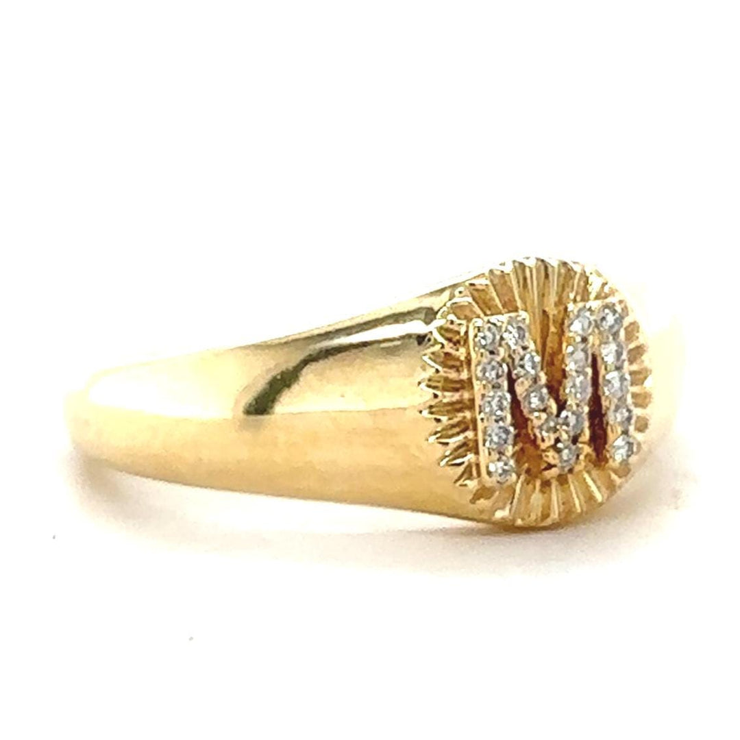 Personalized Medallion Initial Diamond Ring, 14k Solid Gold, Natural Diamonds, Flute Letter Ring, Custom Jewelry, Minimalist Signet Ring