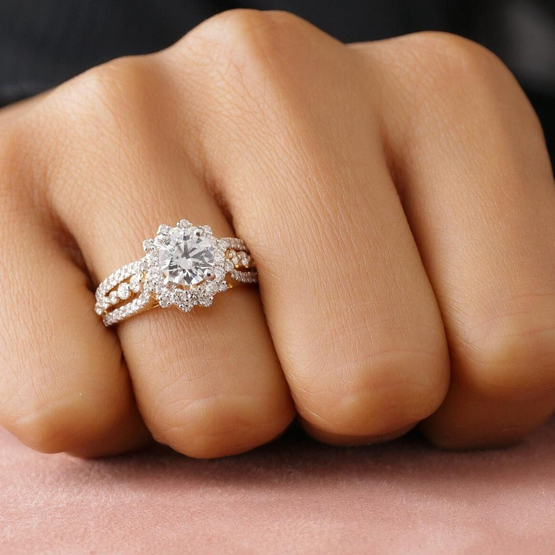 Solitaire Diamond Engagement Ring, Tessellation Effect, 14k Solid Gold, Natural Diamonds, Floral Ring, Dual Tone, Gift For Her