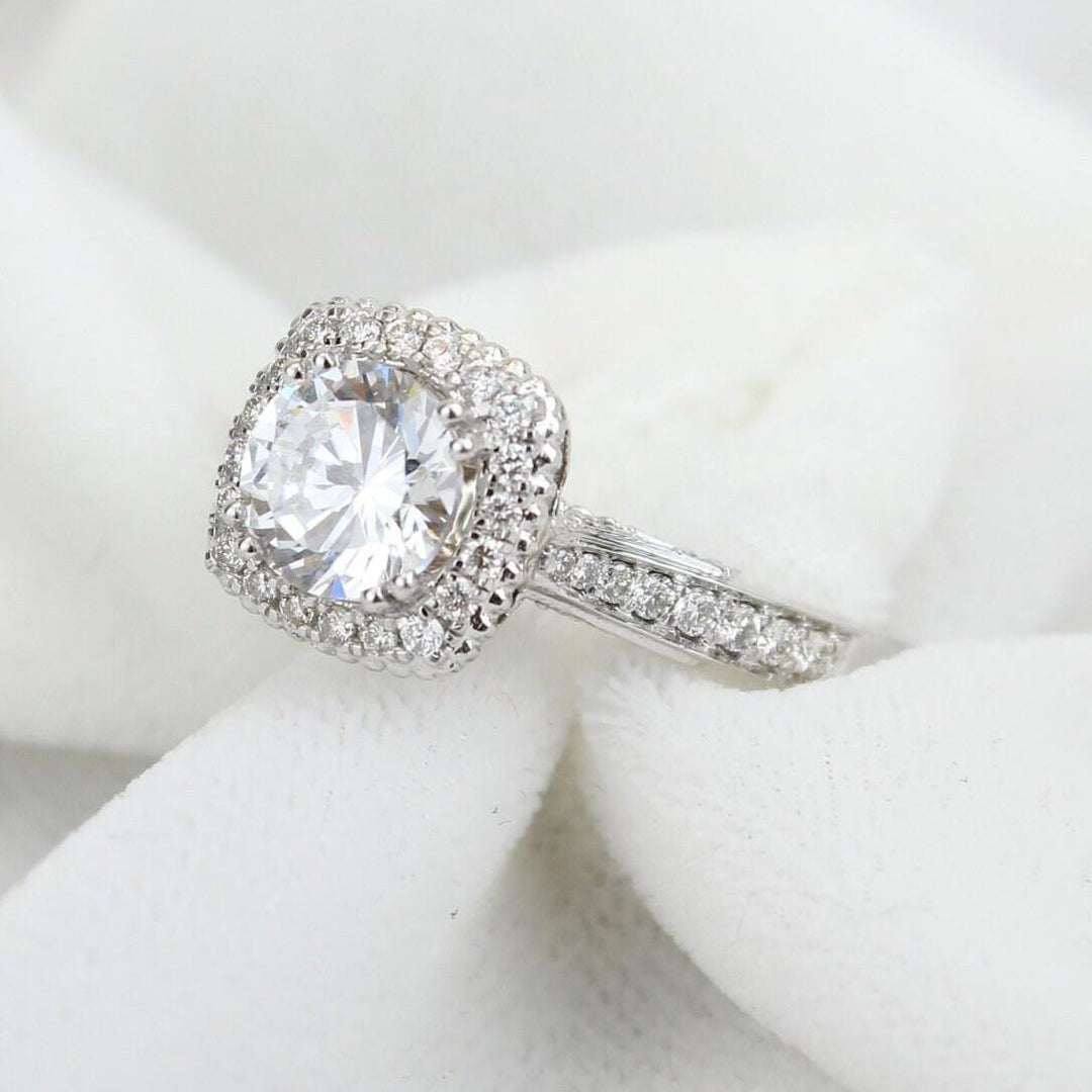 Round Solitaire Square Halo Diamond Ring, 14k Solid Gold, Engagement Ring, Natural Diamonds, Wedding Bridal Jewelry, Gift For Her