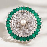 Load image into Gallery viewer, Emerald Flower Diamond Ring, 14k Solid Gold, Natural Diamonds, Floral Pearl Jewelry, Cocktail Statement Ring, Birthstone Ring