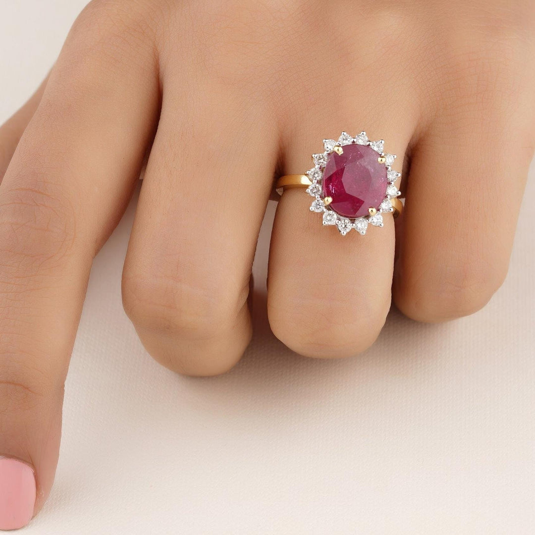 Oval Ruby Diamond Ring, 14k Solid Gold, Natural Diamonds, Cocktail Ring, Gemstone Halo Jewelry, Statement Ring, Gift For Her