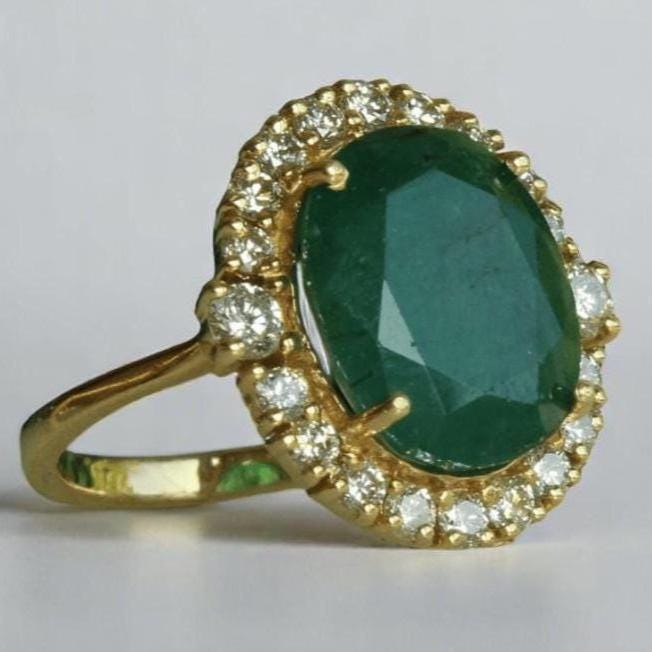 Oval Emerald Halo Diamond Ring, 14K Solid Gold, Natural Diamond, Birthstone Cocktail Gold Ring, Gemstone Statement Jewelry, Gift For Her