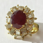 Load image into Gallery viewer, Oval Ruby Baguette Halo Ring, 14k Solid Gold, Natural Diamonds, July Gemstone, Birthstone Statement Ring, Bold Cocktail Ring, Gift For Her