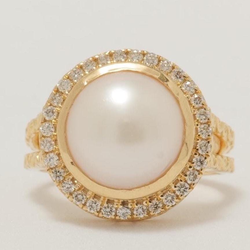 Pearl Halo Diamond Ring, 14K Solid Gold, Natural Diamonds, Gemstone Cocktail Ring, Birthstone Statement Jewelry, Gift for her