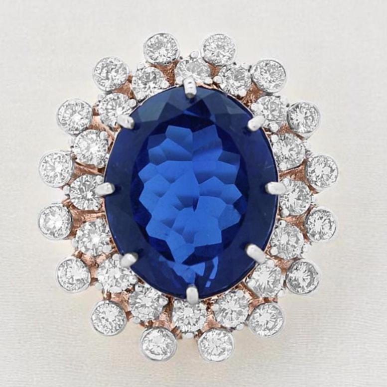 Blue Sapphire Oval Gemstone Diamond Ring, 14k Solid Gold, Cocktail Blue Stone Ring, Natural Diamonds, Birthstone Rings, Gift for her