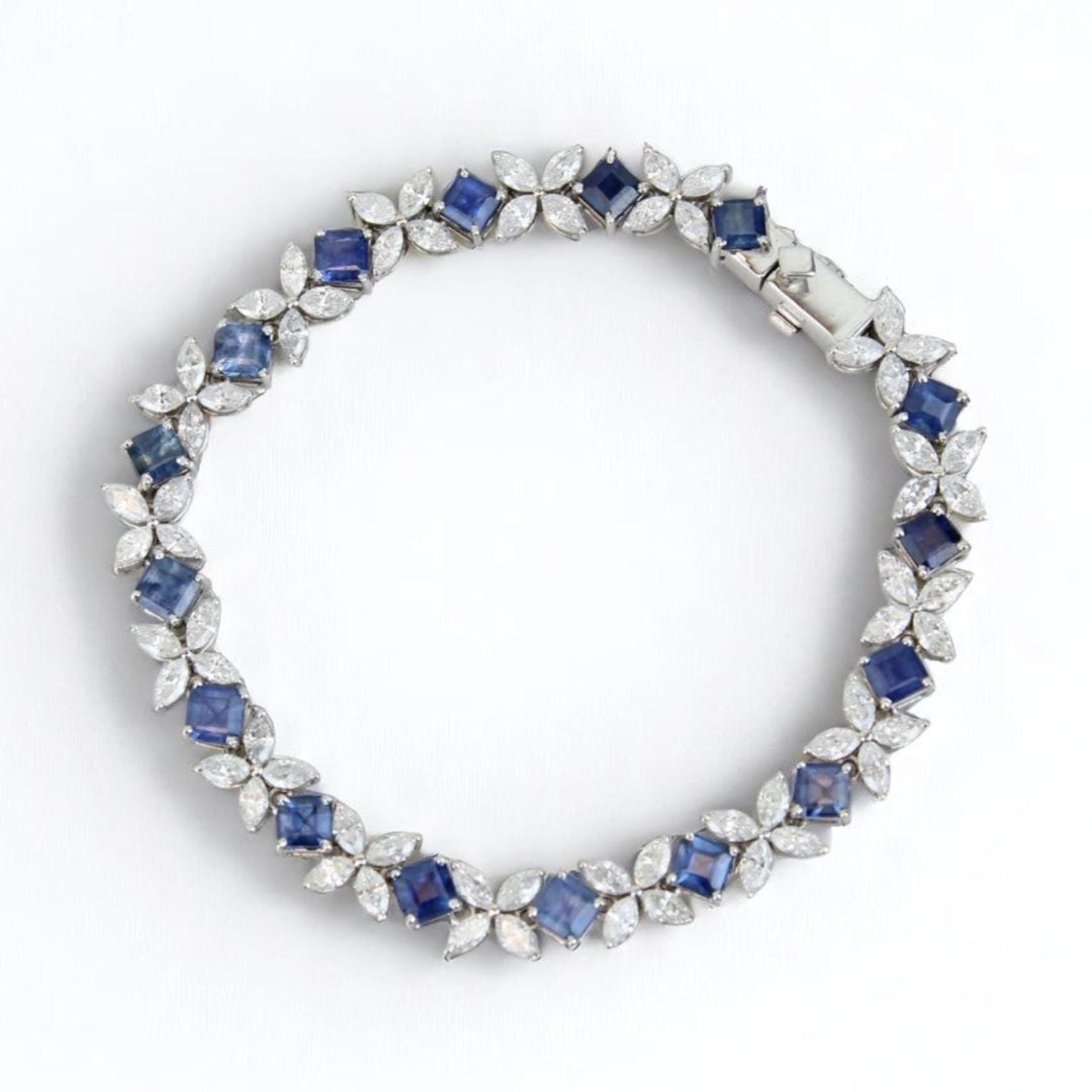 Floral Diamond Blue Sapphire Tennis Bracelet, 14k Solid Gold, Natural Diamonds, Floral Stackable Bracelet, Statement Gemstone Jewelry