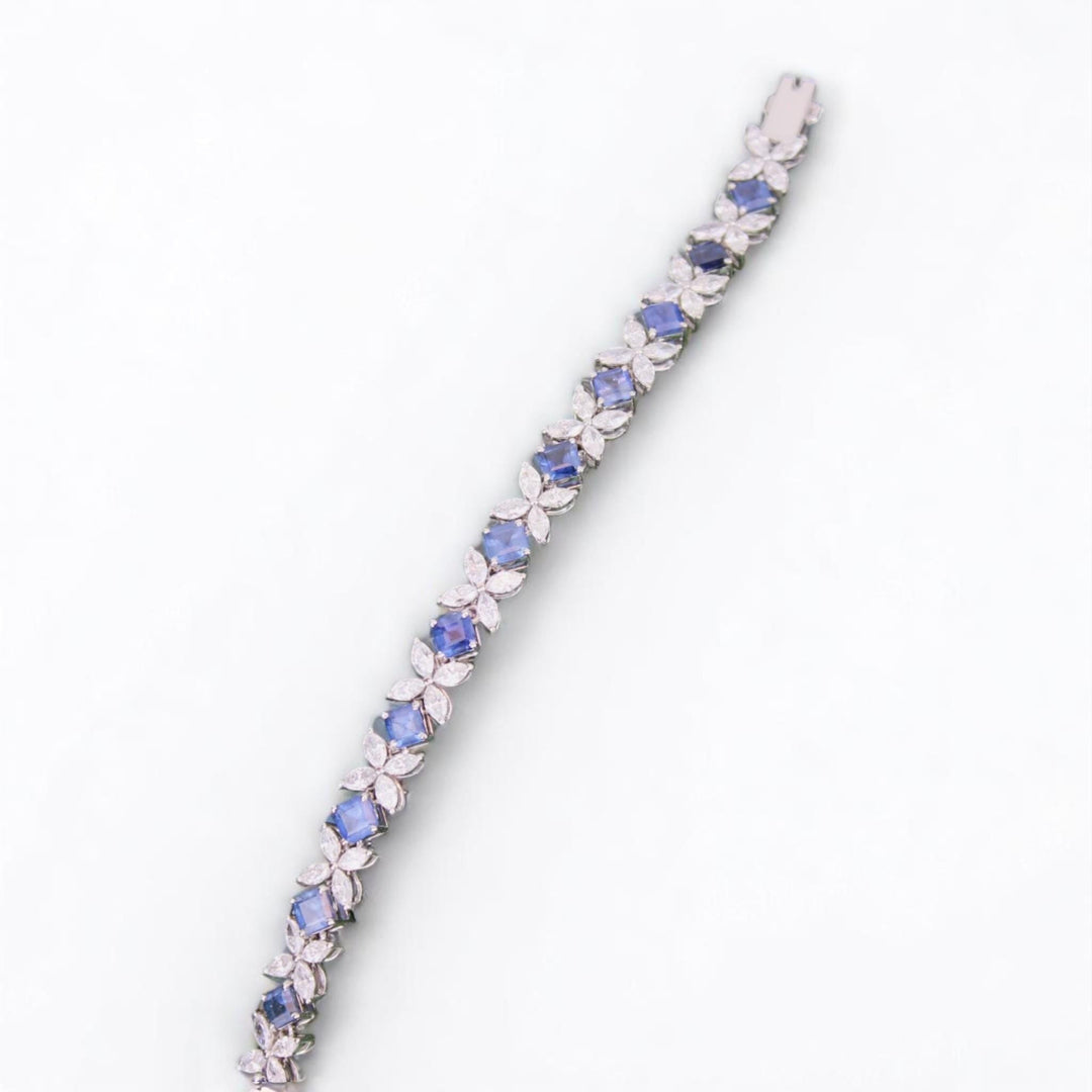 Floral Diamond Blue Sapphire Tennis Bracelet, 14k Solid Gold, Natural Diamonds, Floral Stackable Bracelet, Statement Gemstone Jewelry