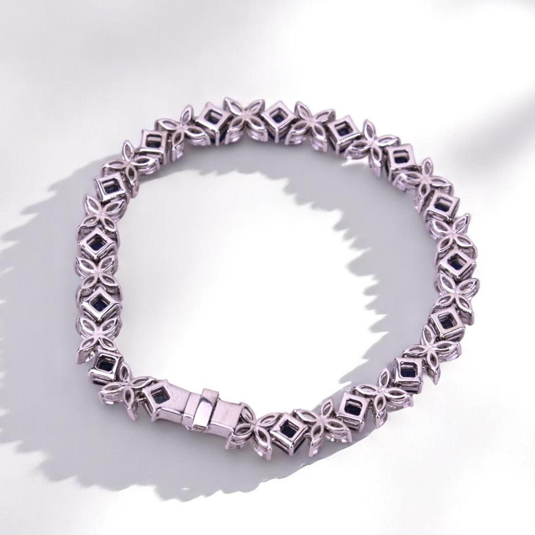 Floral Diamond Blue Sapphire Tennis Bracelet, 14k Solid Gold, Natural Diamonds, Floral Stackable Bracelet, Statement Gemstone Jewelry