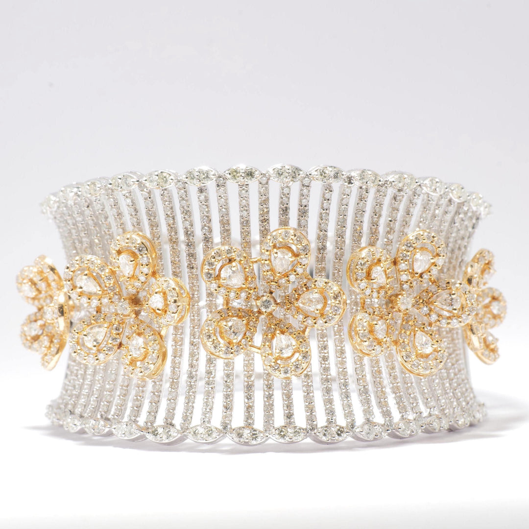 Floral Diamond Cuff Bracelet, 14k Solid Gold, Natural Diamonds, Halo Cocktail Bangle, Two Toned Wide Bangle, Statement Bridal Jewelry